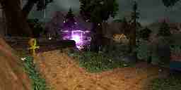 A portal has opened along the park path near the pond during the rainy evening.