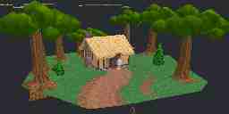 3D model of Iolo's hut in a forest with a dirt path leading away from it.