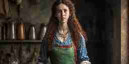 A young medieval woman in a dress and apron with long, curly hair, standing near a workbench indoors.