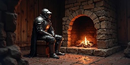 A knight sitting by a cozy fire in a cottage.