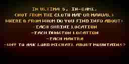 An image of the text question below, asking about Ultima V shrine, dungeon, and mantra locations.