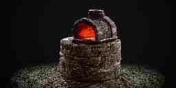 A detailed cylindrical stone forge with an arching hood atop.