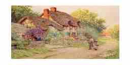 Painting. A man walks past a thatched roof cottage with a round chimney and a garden.