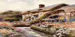 A lush rural painted scene with a thatch roof and a flower-lined path leading to the cottage with a thatched roof.
