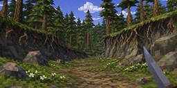 A dirt path throgh a pine forest with rocky cliffs on the sides and flowers and roots growing nearby. Generated image concept by GPT Image 2.