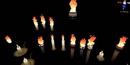 A bunch of flaming, glowing candles and torches. 3D models and Unity shuriken particles.